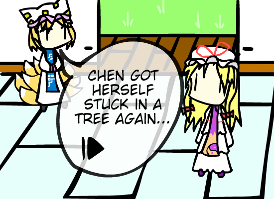 Chen gets stuck in a tree; Yukari and Ran try to save her.