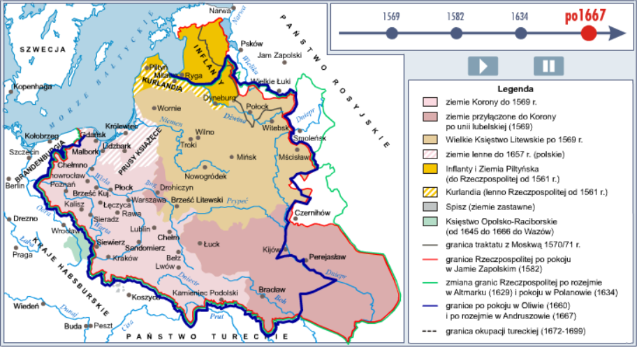 Zmiany granic I Rzeczypospolitej po Unii Lubelskiej - mapa interaktywna