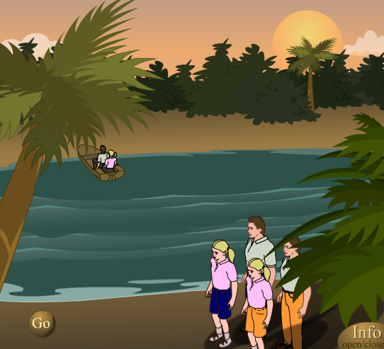 3 girls and 3 fathers crossing the river