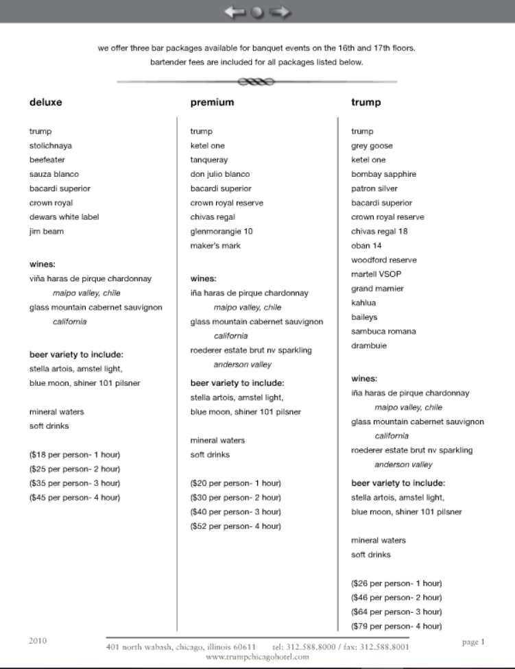 Trump International Hotel & Tower Chicago - Banquet Bar Menu