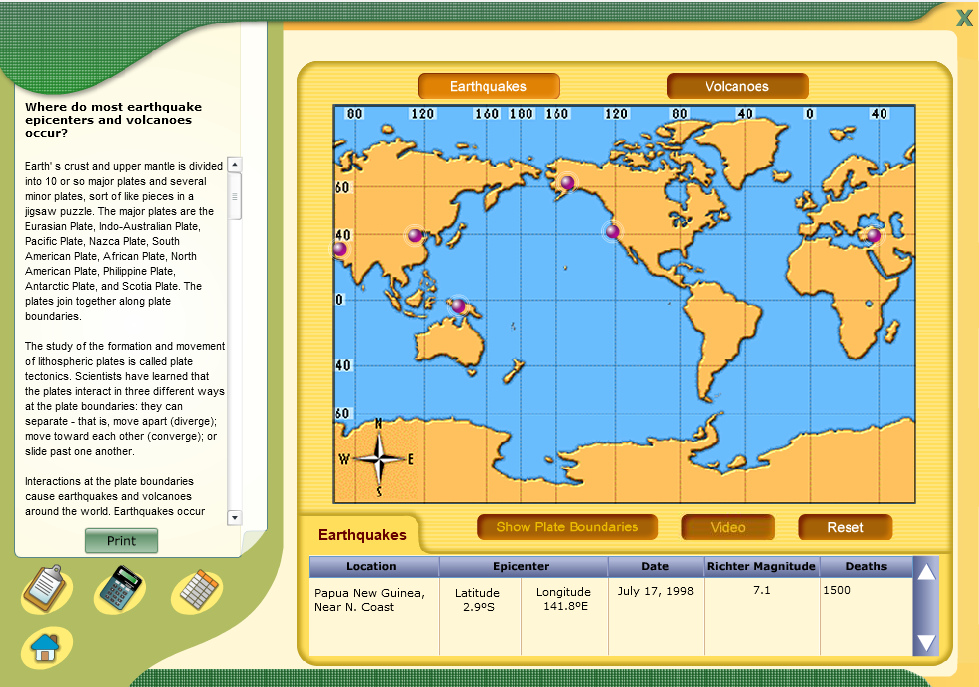 Where do most earthquake epicenters and volcanoes occur?