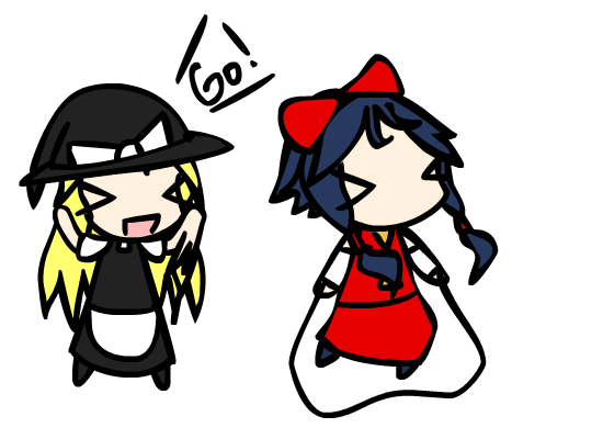 Reimu jumps rope while Marisa yells “Go!” at her.