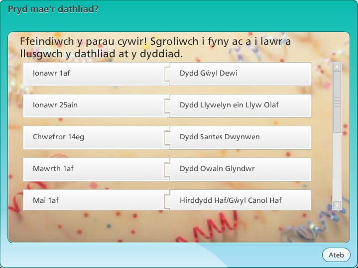 Pryd mae'r dathliad?