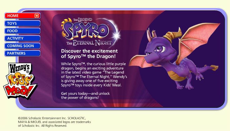 Wendy's Kids' Meal - The Legend Of Spyro: The Eternal Night Promotional Microsite