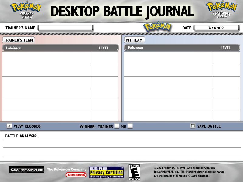 Pokémon FireRed and LeafGreen: Desktop Battle Jounal